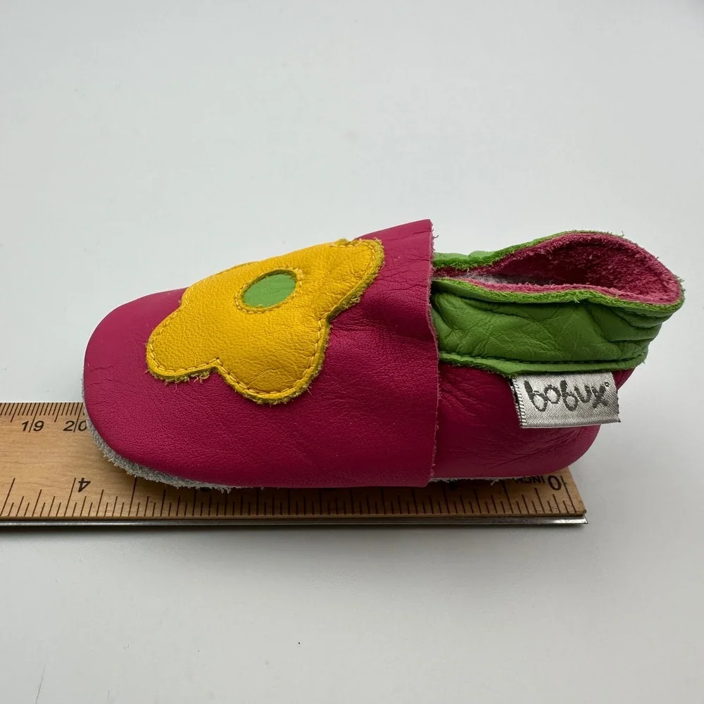 NEW Bobux Soft Sole Leather Baby Shoes Small Pink Yellow Flower Moccasins Infant